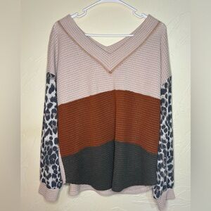 Colorblock V-Neck Sweater with Leopard Sleeves